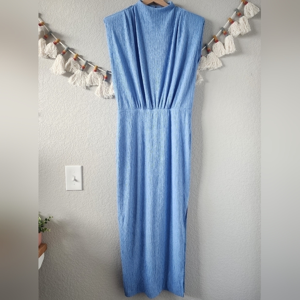 Saylor Fione Crinkle Knit Blue Midi Cap Sleeve Dress Elegant Romantic Wedding L